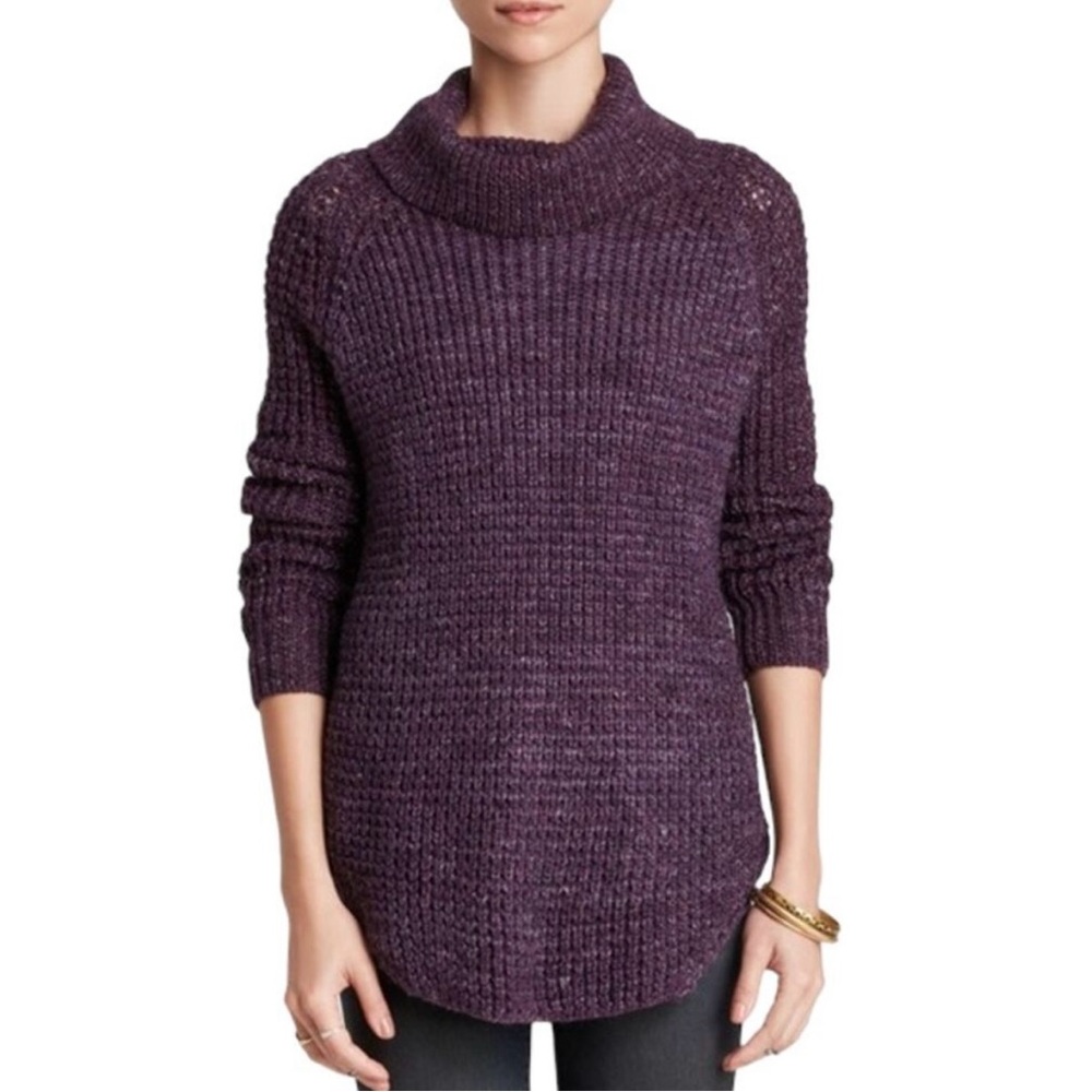 Free People Sweater Sz M Dylan Tweedy Purple Chunky Cowl Neck Wool Orig $178
